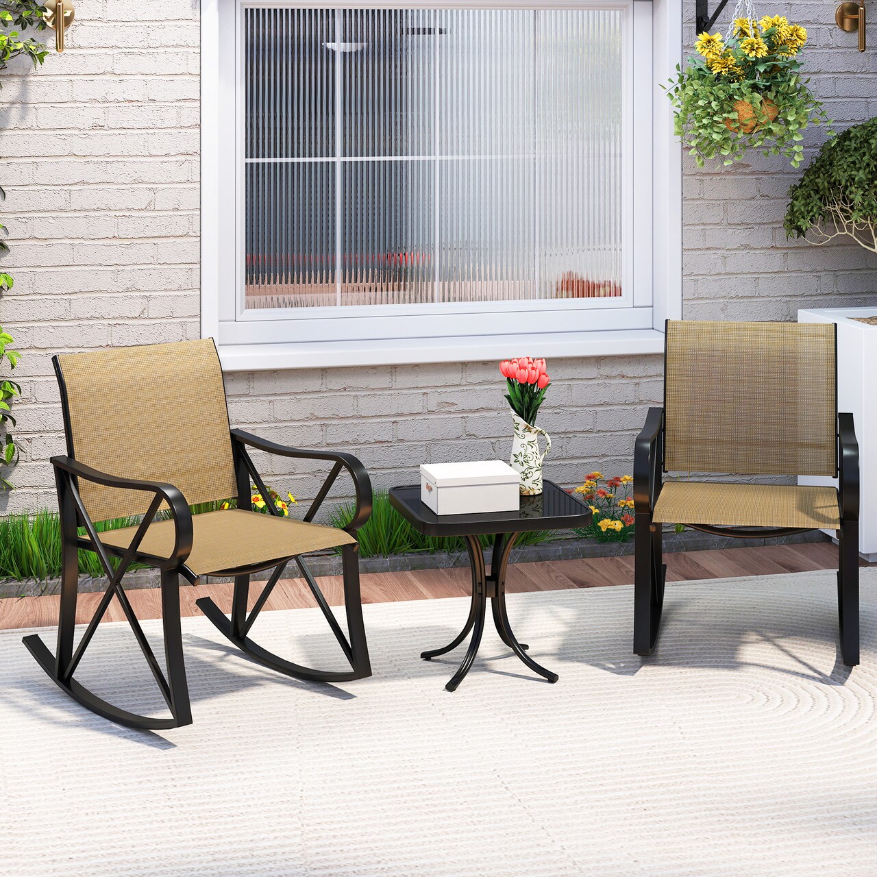 Outdoor Rocking Chair Set with Side Table and Gentle Rocking Motion